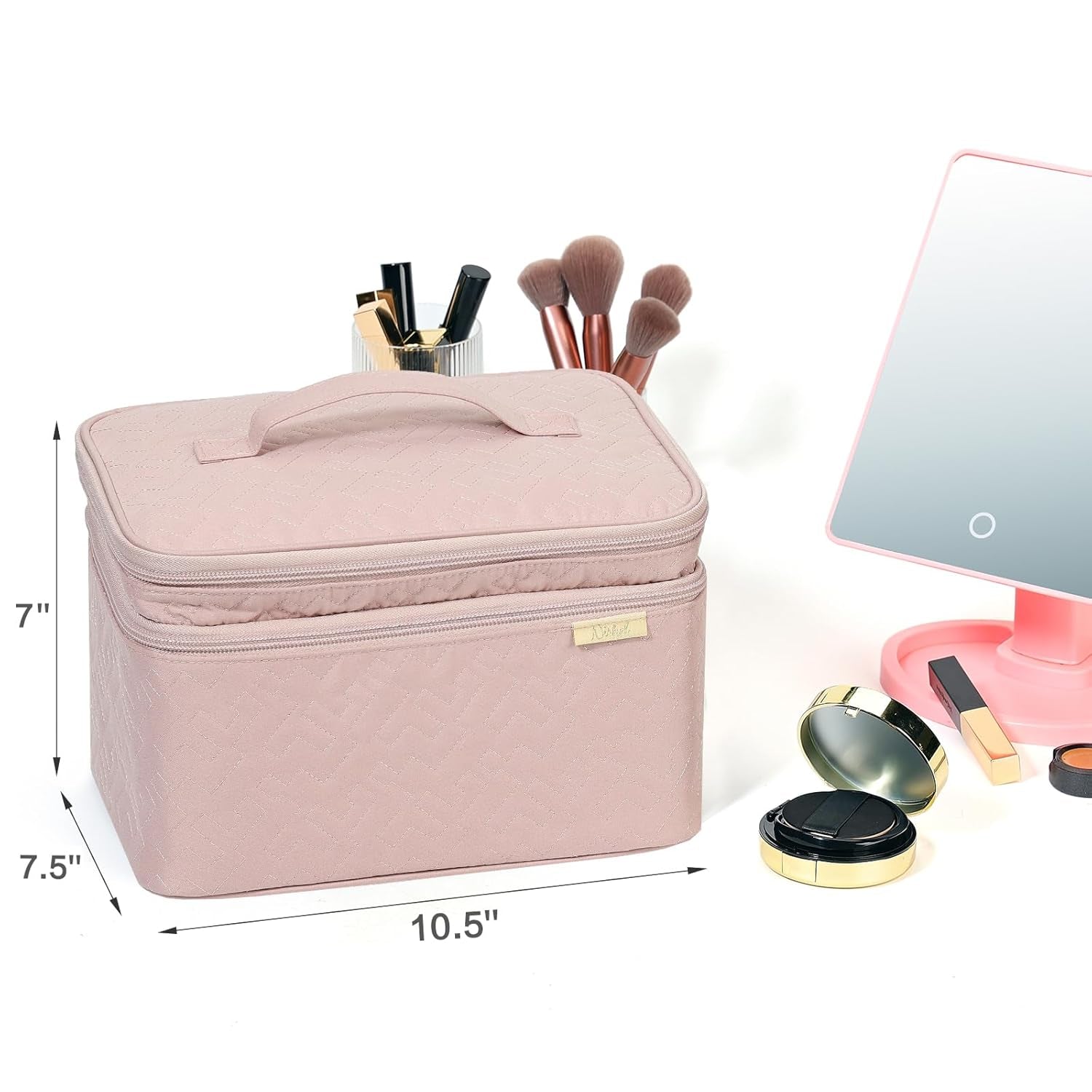 Large Makeup Bag Organizer, Double Layer Cosmetic Travel Case | Organizer for Brushes, Bottles, Makeup and Skin Care Products, Ideal for Trips and Daily Use, Pink, Large