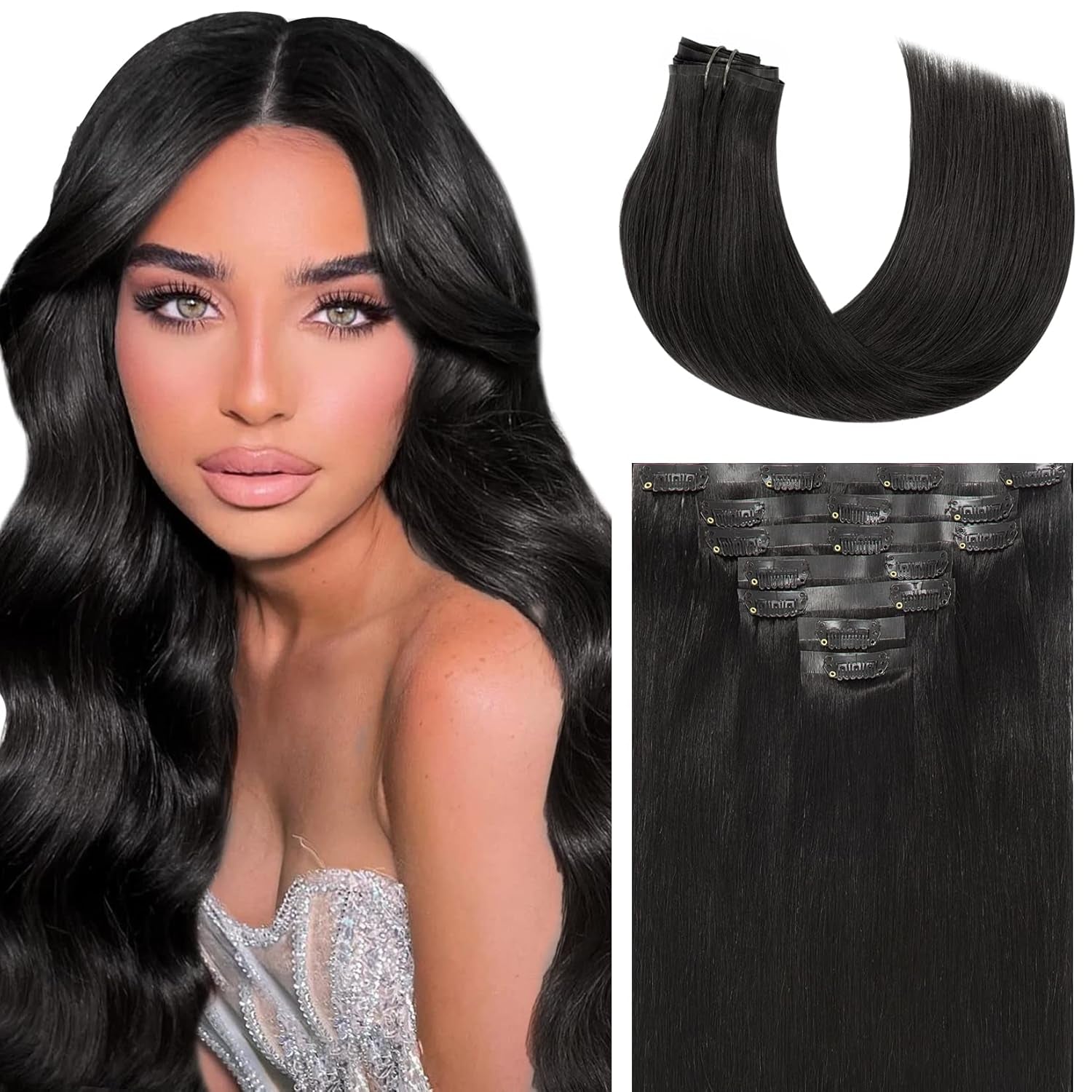 Clip in Hair Extensions Real Human Hair 14Inch Invisible Seamless Clip in Human Hair Extensions PU Skin Weft Color 1 Jet Black Human Hair Clip Ins for Women Silky Straight 7PCS 110G