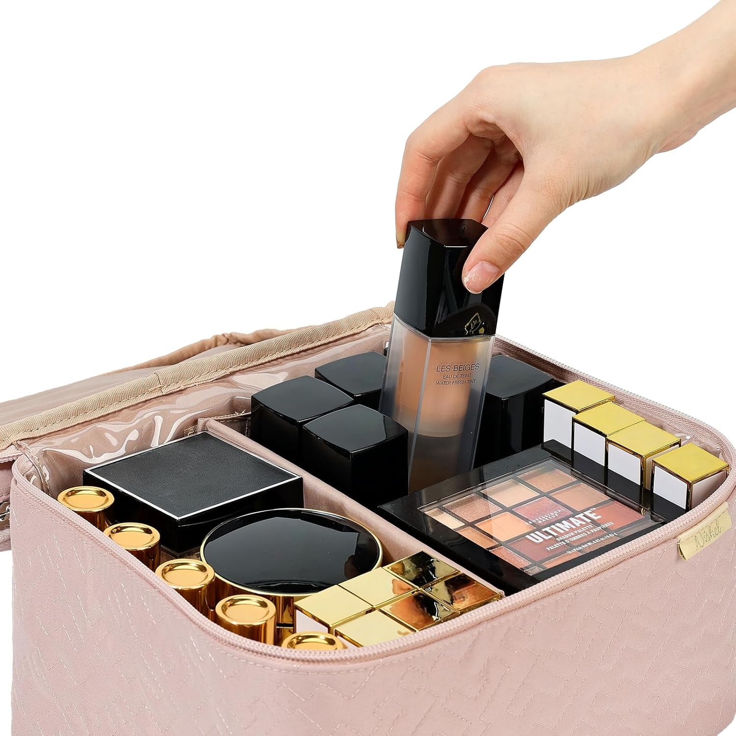 Large Makeup Bag Organizer, Double Layer Cosmetic Travel Case | Organizer for Brushes, Bottles, Makeup and Skin Care Products, Ideal for Trips and Daily Use, Pink, Large