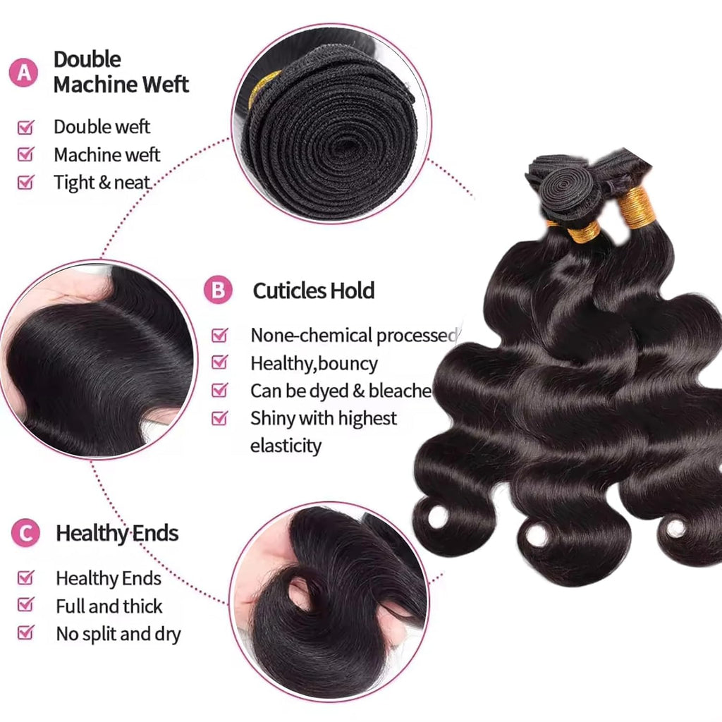 Human Hair Bundles 14 14 16 16 Inch Body Wave Bundles Human Hair | 100% Unprocessed Brazilian Virgin Body Wave 4 Bundles Human Hair Extensions for Black Women Natural Black