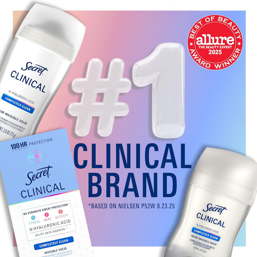 Clinical Strength 100HR Sweat & Odor, Invisible Solid Antiperspirant Deodorant for Women, 3X Stress Protection with Hyaluronic Acid, PH Balanced, Clean Lavender Scent, 2.6 Oz