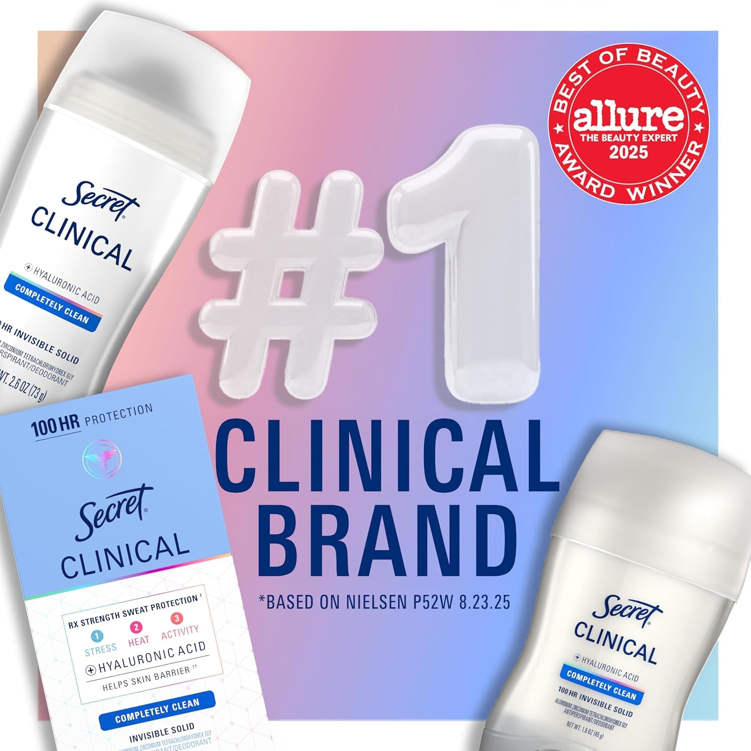 Clinical Strength 100HR Sweat & Odor, Invisible Solid Antiperspirant Deodorant for Women, 3X Stress Protection with Hyaluronic Acid, PH Balanced, Clean Lavender Scent, 2.6 Oz