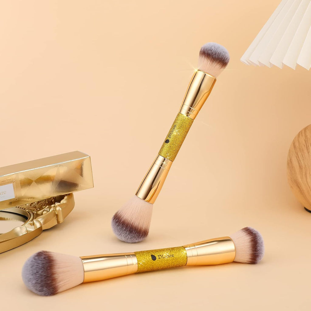 Dual End Powder Kabuki Makeup Brush Gold Glitter Vegan Synthetic for Liquid Cream Setting Powder