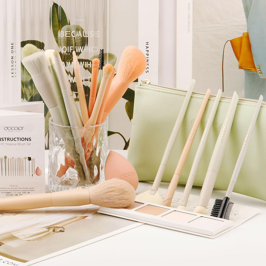 Makeup Brushes 17+2 Pcs with Makeup Bag and Makeup Sponge and Brush Protector Morandi Makeup Brush Set Premium Synthetic Hair Makeup Brush Wooden Handle Gift Box
