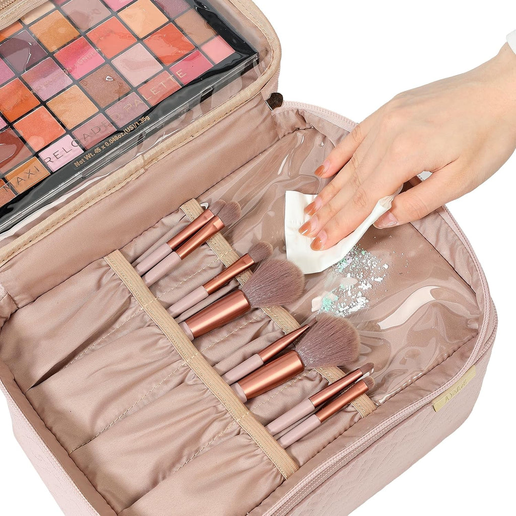 Large Makeup Bag Organizer, Double Layer Cosmetic Travel Case | Organizer for Brushes, Bottles, Makeup and Skin Care Products, Ideal for Trips and Daily Use, Pink, Large