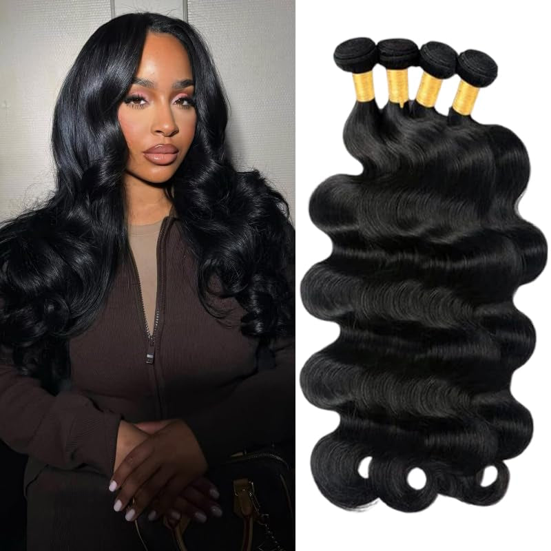 Human Hair Bundles 14 14 16 16 Inch Body Wave Bundles Human Hair | 100% Unprocessed Brazilian Virgin Body Wave 4 Bundles Human Hair Extensions for Black Women Natural Black