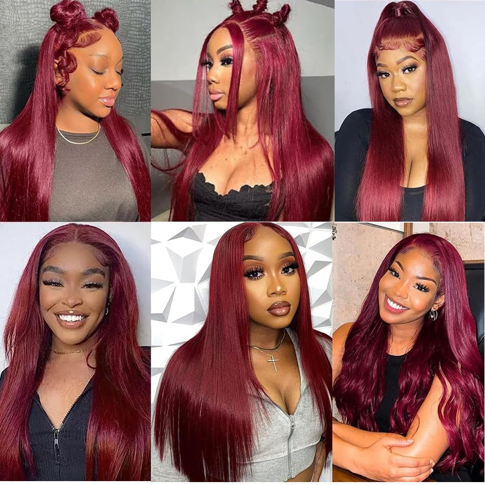 99J Human Hair Wig 32 Inch Straight 13X6.5 Burgundy Colored Lace Front Wigs 100% Human Hair HD 250% Density Glueless Wigs Burgundy Human Hair Wig Pre Plucked with Baby Hair