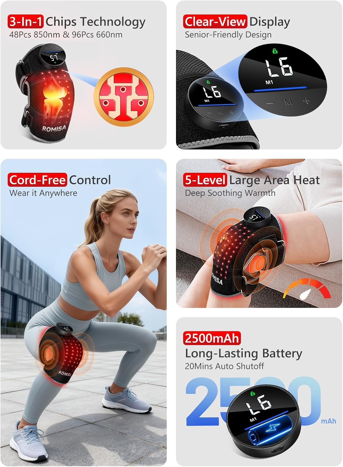 Red Light Therapy Knee Brace Vibration Knee Massage for Pain Relief, 660Nm&850Nm Rechargeable near Infrared Light Therapy Device for Knee/Elbow/Shoulder Faster Recovery for Cordless Use