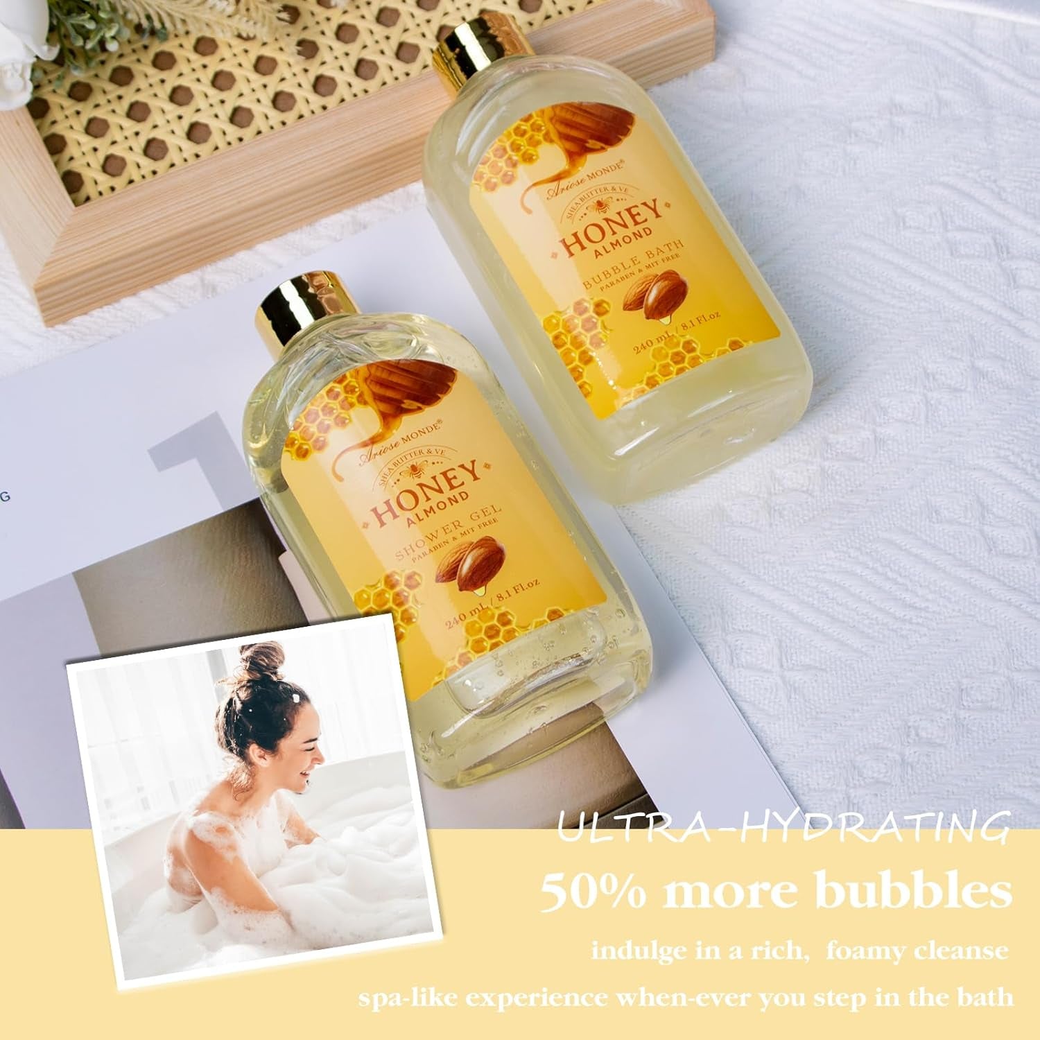 Birthday Gifts for Women, Honey Almond Spa Gift Baskets Bath Set for Women | 8Pcs Self Care Kit Christmas Anniversary Gifts for Women Mom Her Wife Girlfriend Friend Sister
