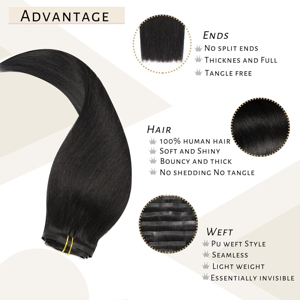 Clip in Hair Extensions Real Human Hair 14Inch Invisible Seamless Clip in Human Hair Extensions PU Skin Weft Color 1 Jet Black Human Hair Clip Ins for Women Silky Straight 7PCS 110G