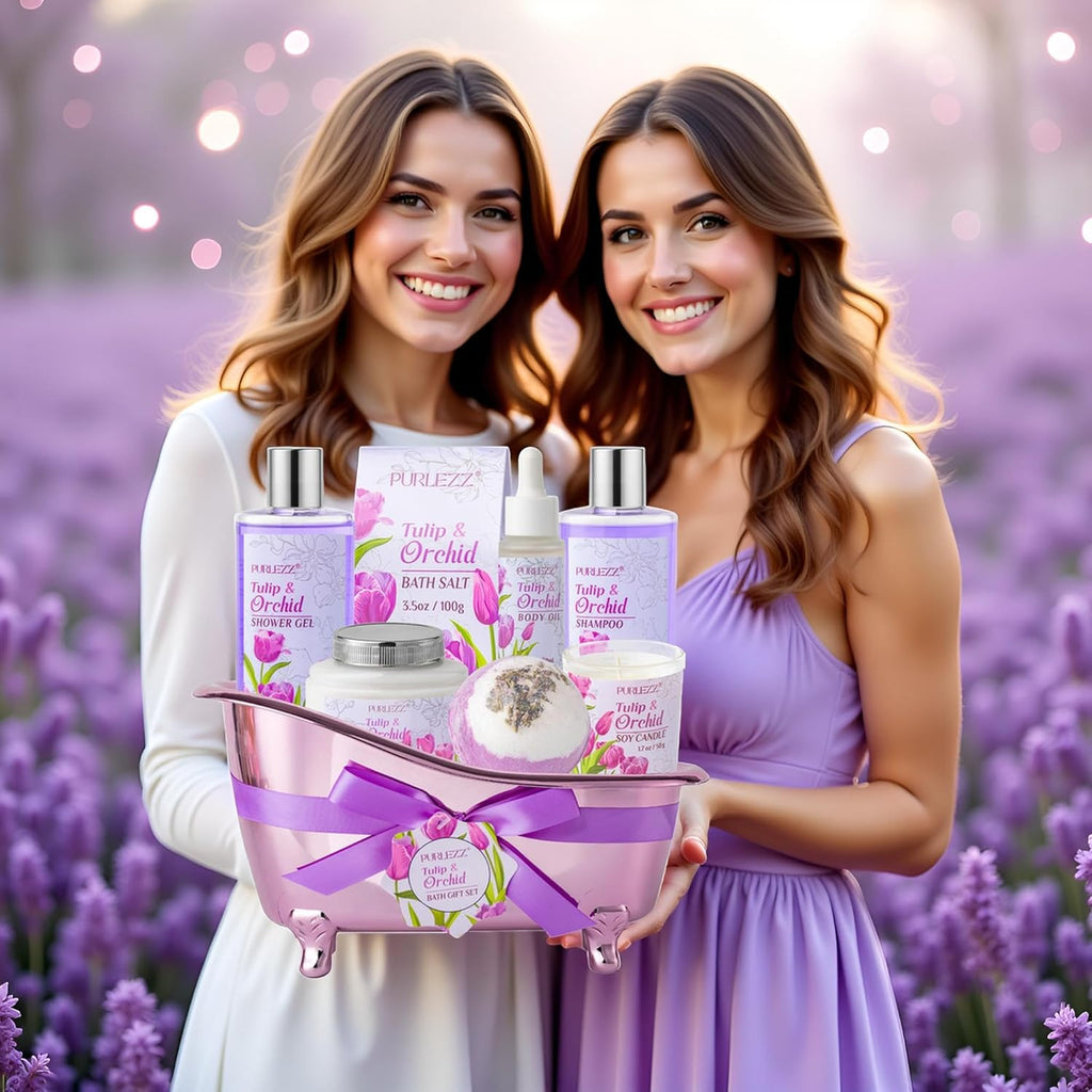 Tulip Orchid Spa Gifts Bath Kit, 8Pcs Moisturizing Bath Gift Set for Women | Bath Sets Gift Baskets for Women Gift, Bath and Body Set for Her, Self-Care Kit, Spa Gifts for Women, Birthday, Mother'S Day