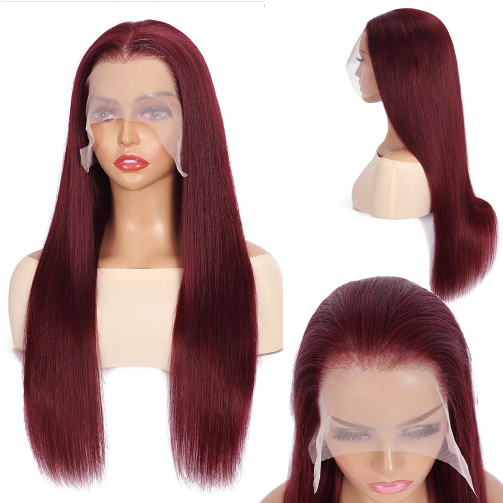 99J Human Hair Wig 32 Inch Straight 13X6.5 Burgundy Colored Lace Front Wigs 100% Human Hair HD 250% Density Glueless Wigs Burgundy Human Hair Wig Pre Plucked with Baby Hair