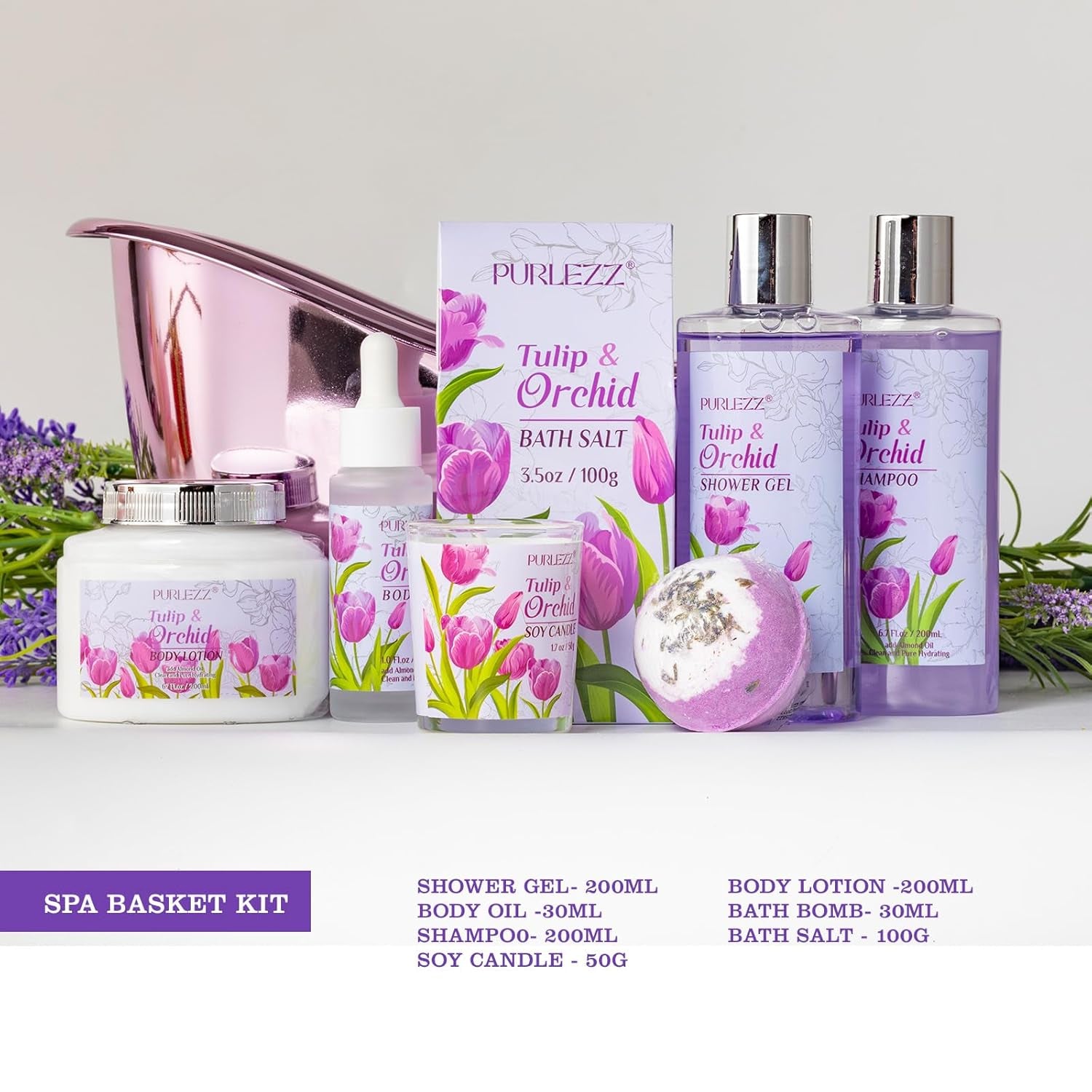 Tulip Orchid Spa Gifts Bath Kit, 8Pcs Moisturizing Bath Gift Set for Women | Bath Sets Gift Baskets for Women Gift, Bath and Body Set for Her, Self-Care Kit, Spa Gifts for Women, Birthday, Mother'S Day