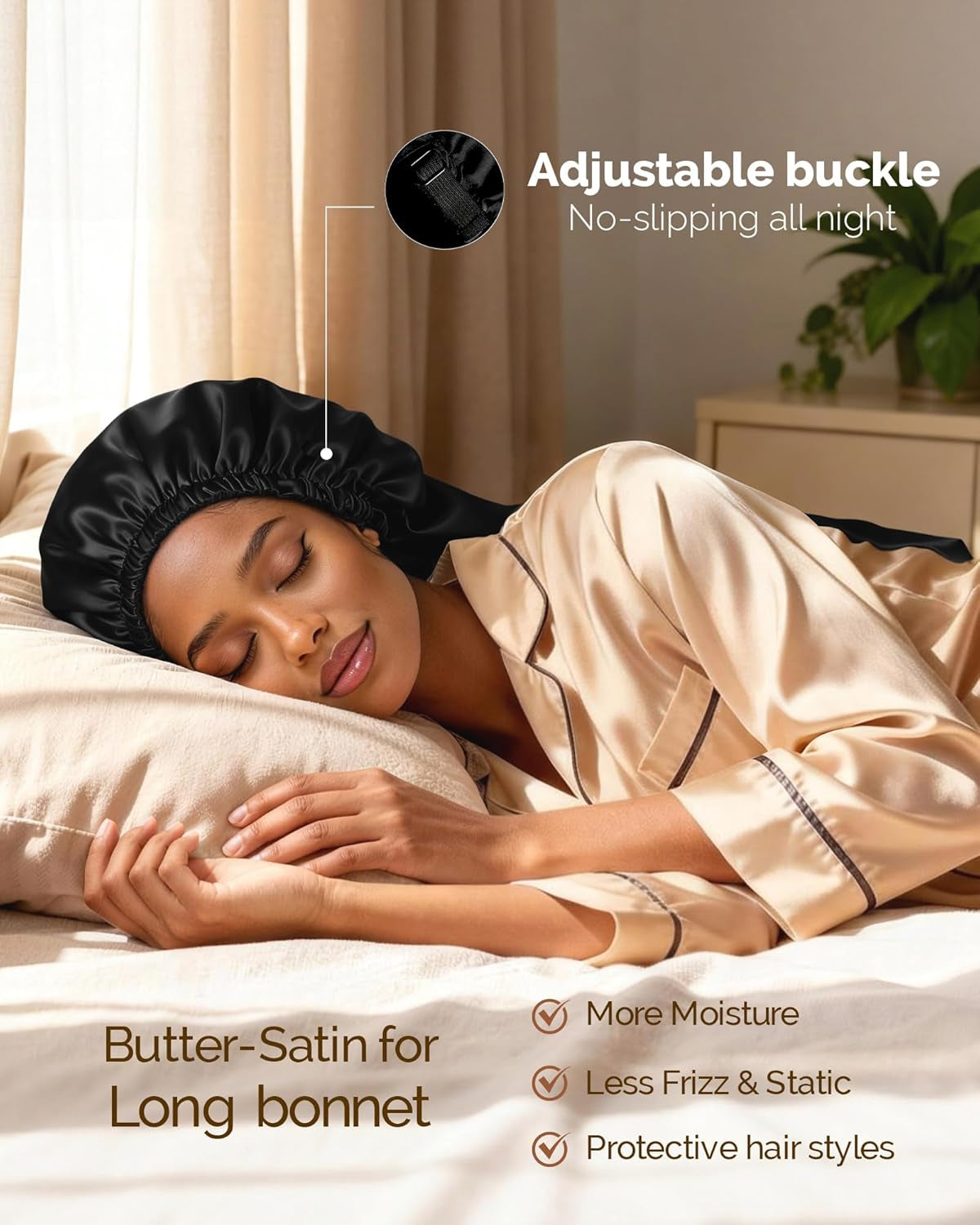 Adjustable Satin Sleep Bonnet, Double Layer Extra Long Hair Bonnet | Natural Hair Silk Feeling Bonnet for Braids, Locs, Curls - Women’S Night Hair Protection Cap