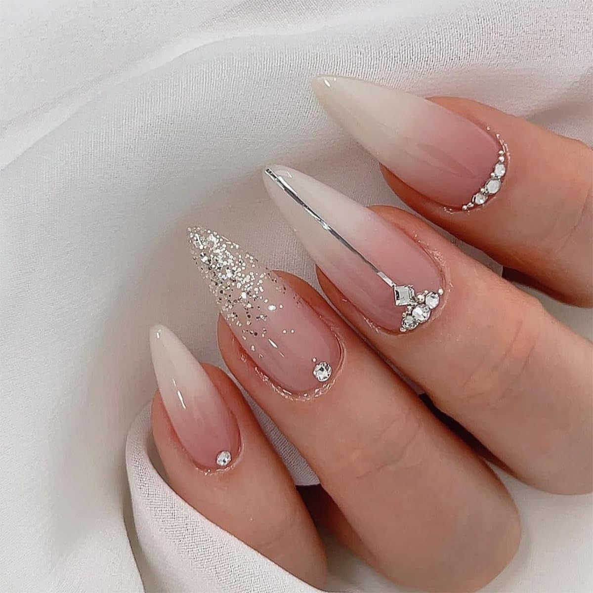 Press on Nails Almond Ombre White Pink Silver Fake Nails Rhinestone Bling | Glue on Nails Women Cute Stick on Nails for Acrylic Gel False Nails Wedding Birthday