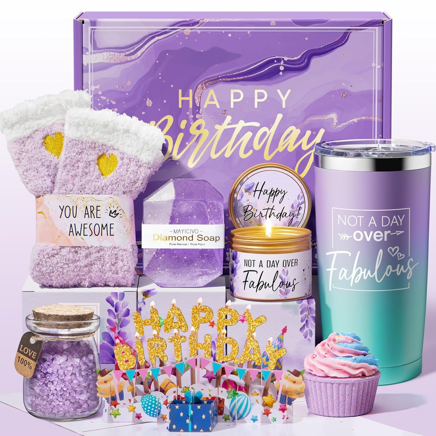 Happy Birthday Gifts for Women Friendship, Birthday Gift Box for Mom Sister | Unique Lavender Birthday Spa Gift Set, Best Friend Birthday Gifts Basket Self Care Gift Idea for Her Wife Girlfriend Coworker