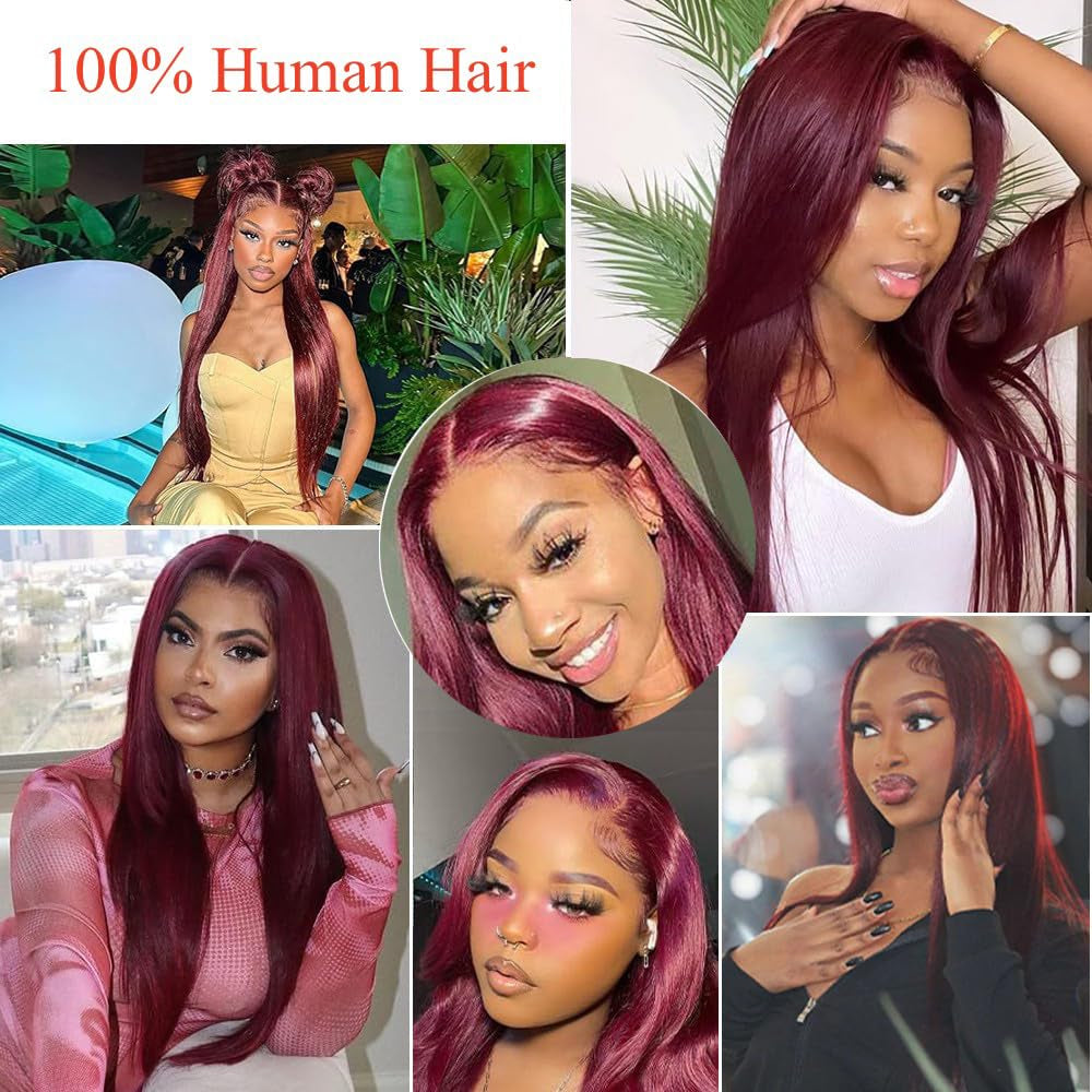 99J Human Hair Wig 32 Inch Straight 13X6.5 Burgundy Colored Lace Front Wigs 100% Human Hair HD 250% Density Glueless Wigs Burgundy Human Hair Wig Pre Plucked with Baby Hair