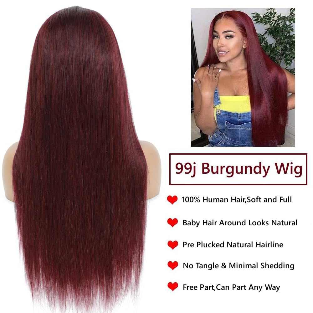 99J Human Hair Wig 32 Inch Straight 13X6.5 Burgundy Colored Lace Front Wigs 100% Human Hair HD 250% Density Glueless Wigs Burgundy Human Hair Wig Pre Plucked with Baby Hair