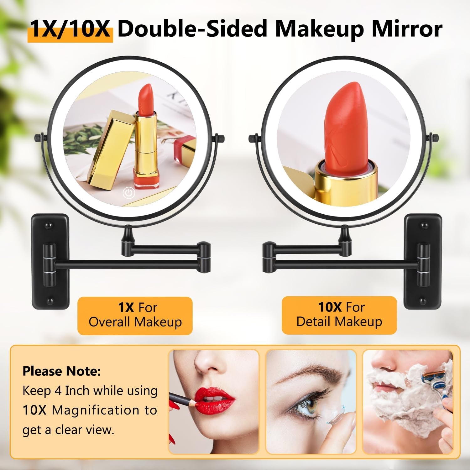Rechargeable Wall Mounted Lighted Makeup Mirror, 8 Inch 10X Magnifying Mirror with 3 Color Lights, Dimmable Touch Screen Makeup Mirror with Lights for Bathroom, Black
