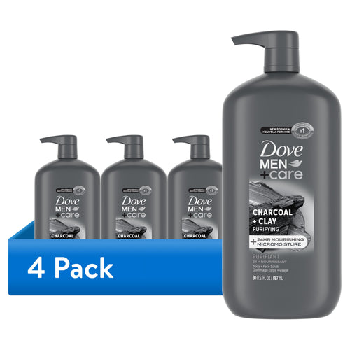 (4 Pack)  Body and Face Scrub Body Wash for Men Charcoal + Clay with 24-Hour Nourishing Micromoisture Technology, 30 Fl Oz