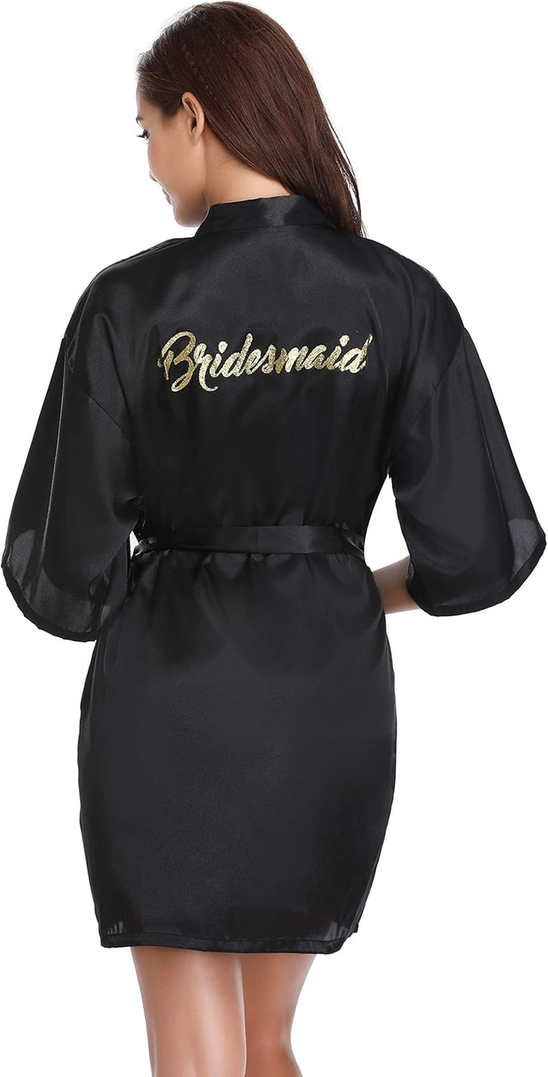 Women'S Satin Robe Short Kimono Bathrobes for Bride & Bridesmaid Wedding Party Robes with Gold Glitter or Rhinestones