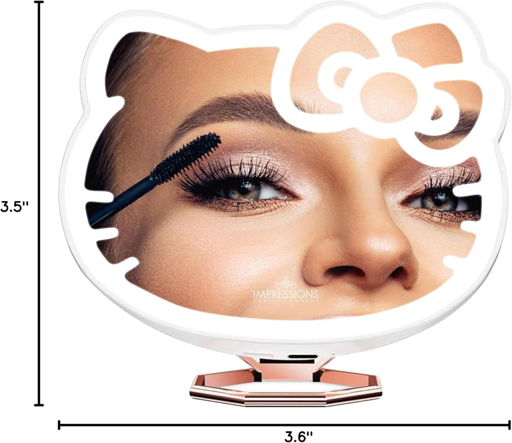 Impressions Vanity Hello Kitty 3X Magnifying Pocket Mirror with Stand, Adjustable Brightness Daylight LED Lighted Compact Makeup Mirror for Desk, Travel, Purse (White)