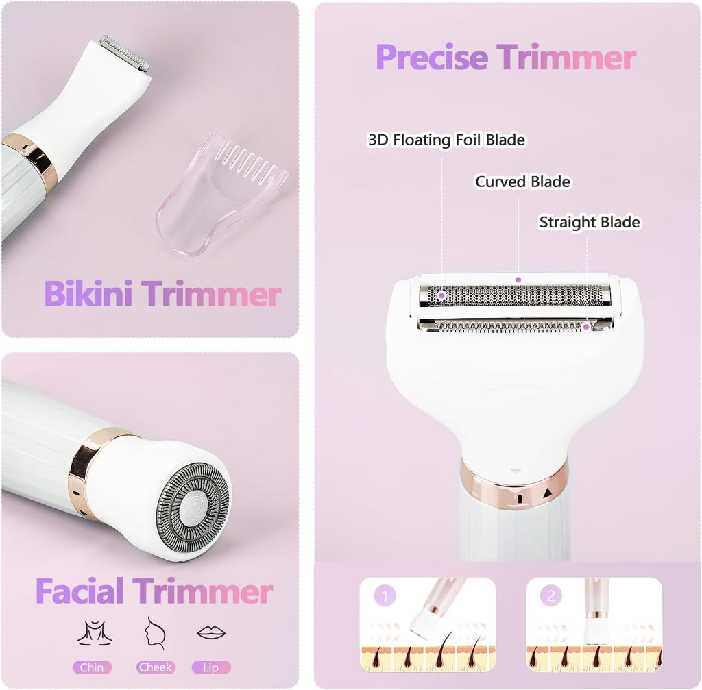 Electric Razor for Women, Bikini Trimmer 5 in 1 Electric Shavers Razors IPX6 Waterproof Wet/Dry Body Shaver for Face Nose Eyebrow Arms Armpit Legs Pubic Area Painless Replaceable Facial Hair Removal