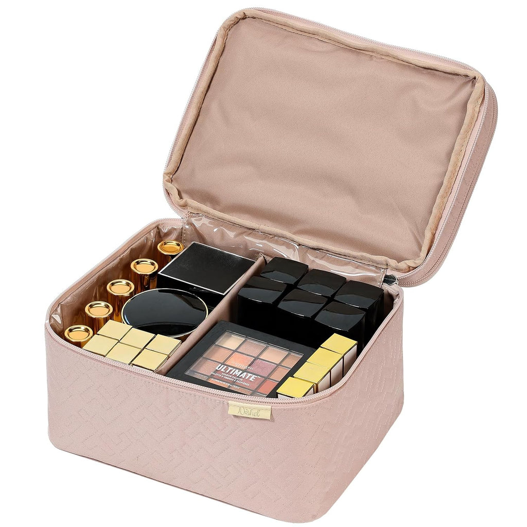Large Makeup Bag Organizer, Double Layer Cosmetic Travel Case | Organizer for Brushes, Bottles, Makeup and Skin Care Products, Ideal for Trips and Daily Use, Pink, Large