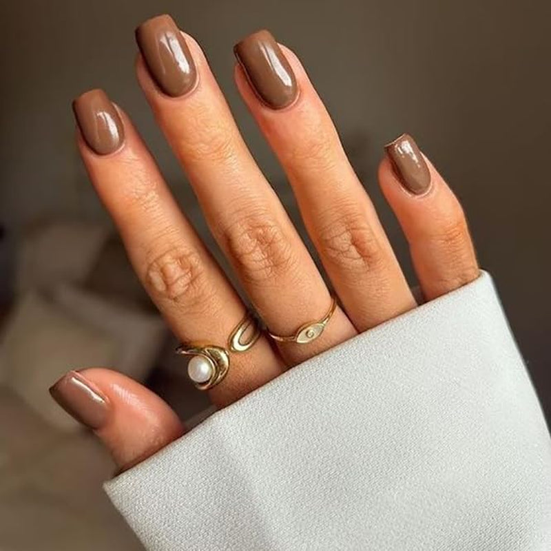 24Pcs Press on Nails - Short Square Medium Shape, Dark Coffee Color, Stick on Nails