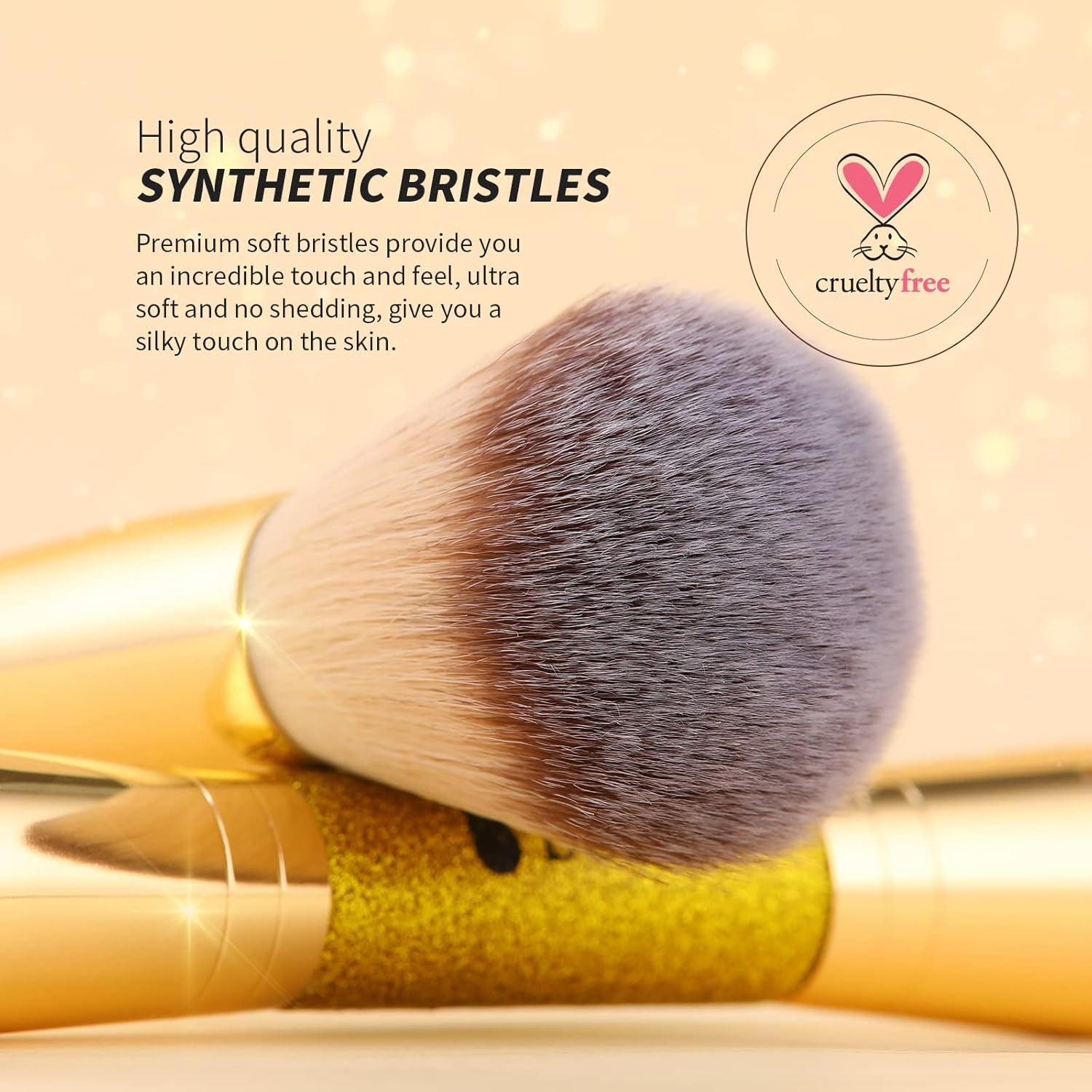 Dual End Powder Kabuki Makeup Brush Gold Glitter Vegan Synthetic for Liquid Cream Setting Powder