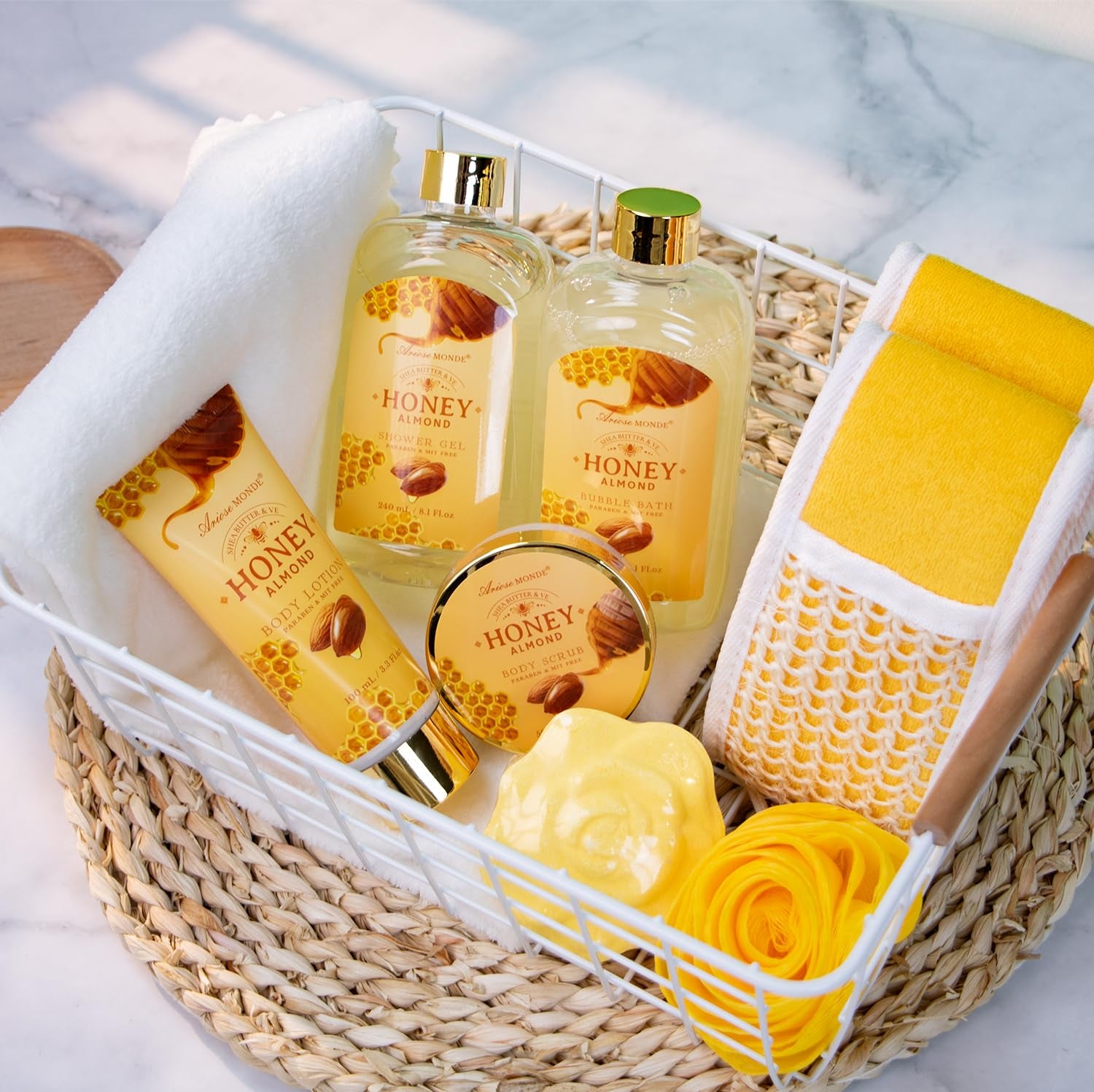 Birthday Gifts for Women, Honey Almond Spa Gift Baskets Bath Set for Women | 8Pcs Self Care Kit Christmas Anniversary Gifts for Women Mom Her Wife Girlfriend Friend Sister