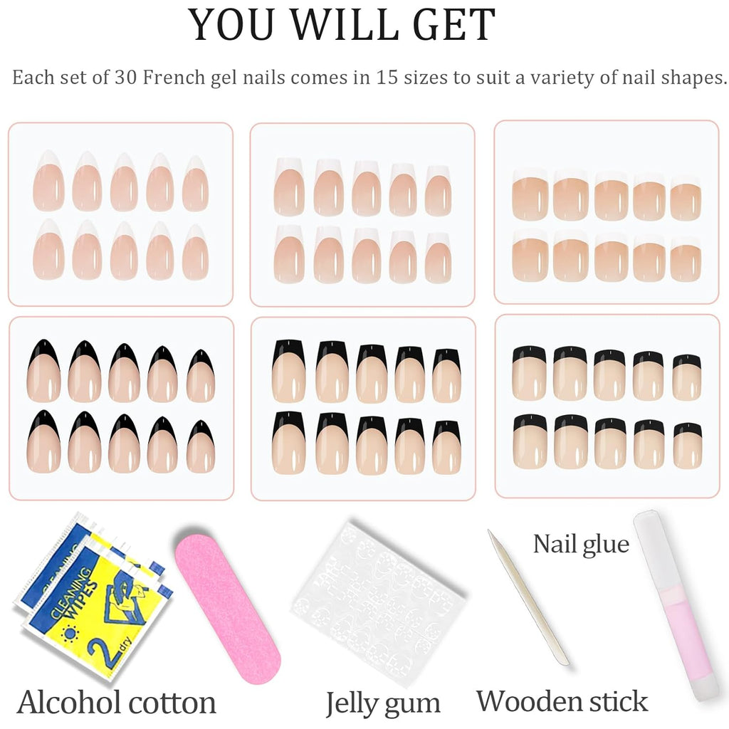 6 Pack French Tip Press on Nails - Almond, Square & Coffin Shapes, Short Fake Nails with Glue, Artificial Stick on Nails (White, Black)