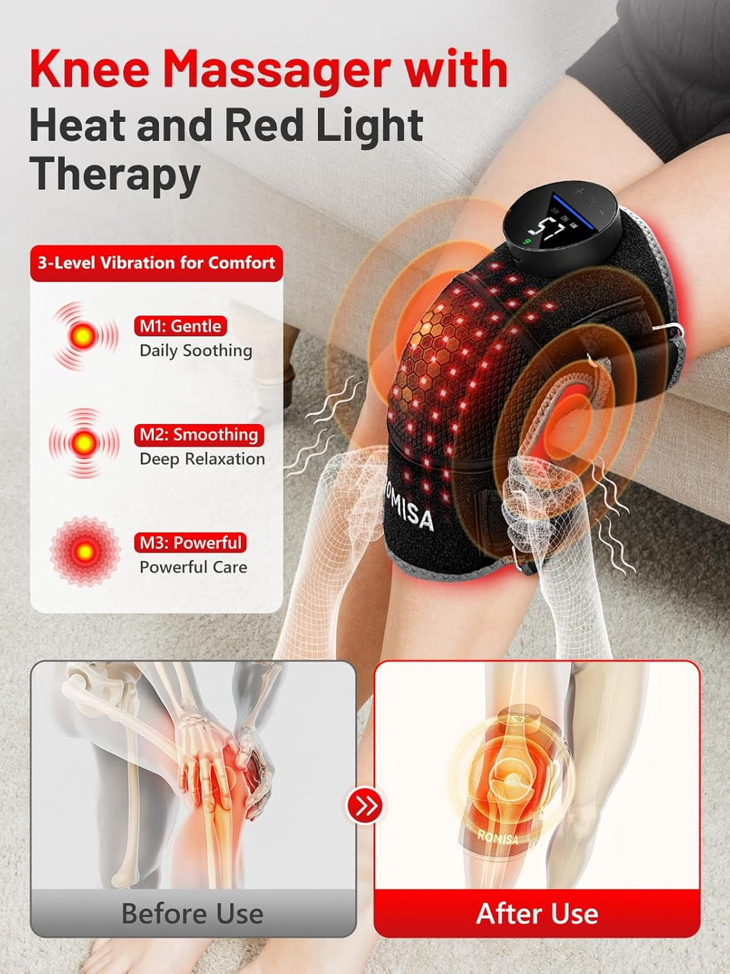 Red Light Therapy Knee Brace Vibration Knee Massage for Pain Relief, 660Nm&850Nm Rechargeable near Infrared Light Therapy Device for Knee/Elbow/Shoulder Faster Recovery for Cordless Use