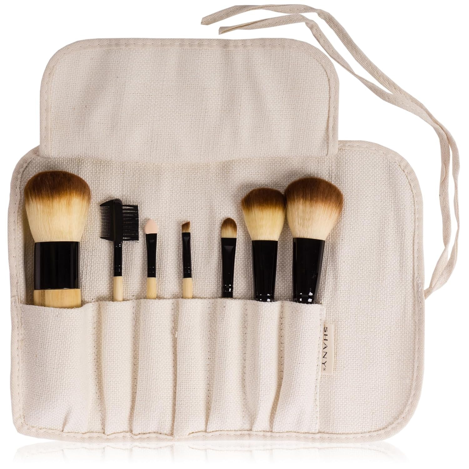 Bamboo Makeup Brush Set - Vegan Professional Makeup Brushes with Premium Synthetic Hair & Cotton Pouch for Easy Brush Storage - 7Pc with Pouch