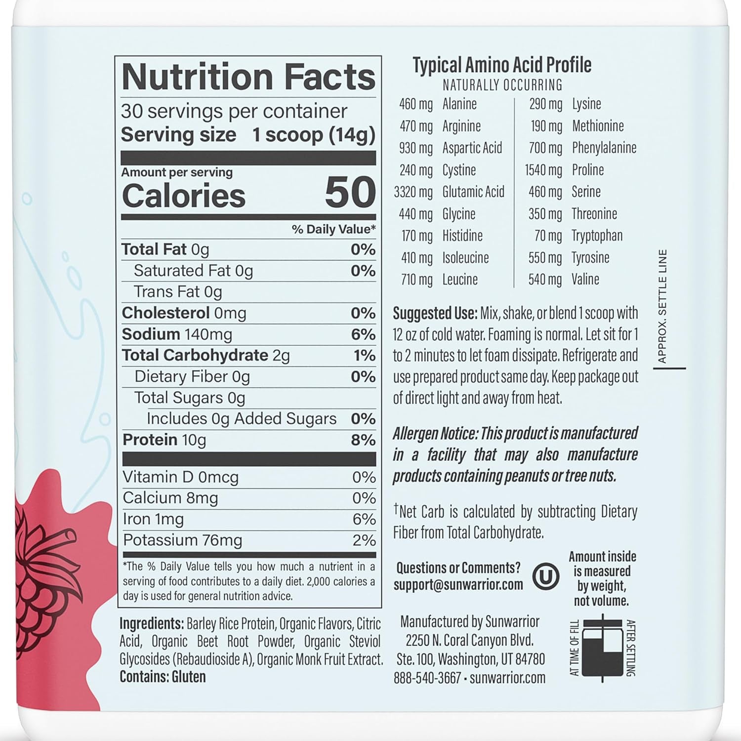 Clear Protein Powder Plant-Based Water Mix, Vegan and Refreshing Protein and Hydration Supplement 10G per Serving Raspberry Flavored 420G Tub 30 Servings