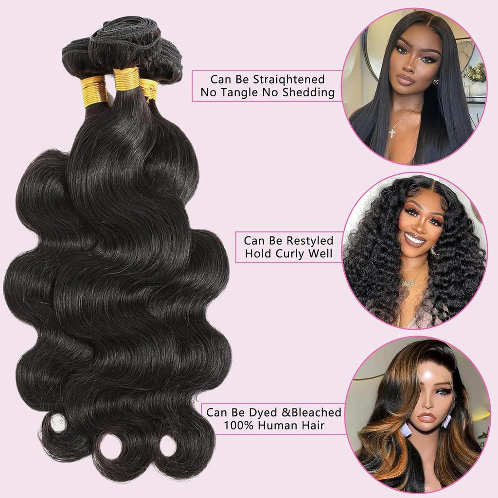 Human Hair Bundles 14 14 16 16 Inch Body Wave Bundles Human Hair | 100% Unprocessed Brazilian Virgin Body Wave 4 Bundles Human Hair Extensions for Black Women Natural Black