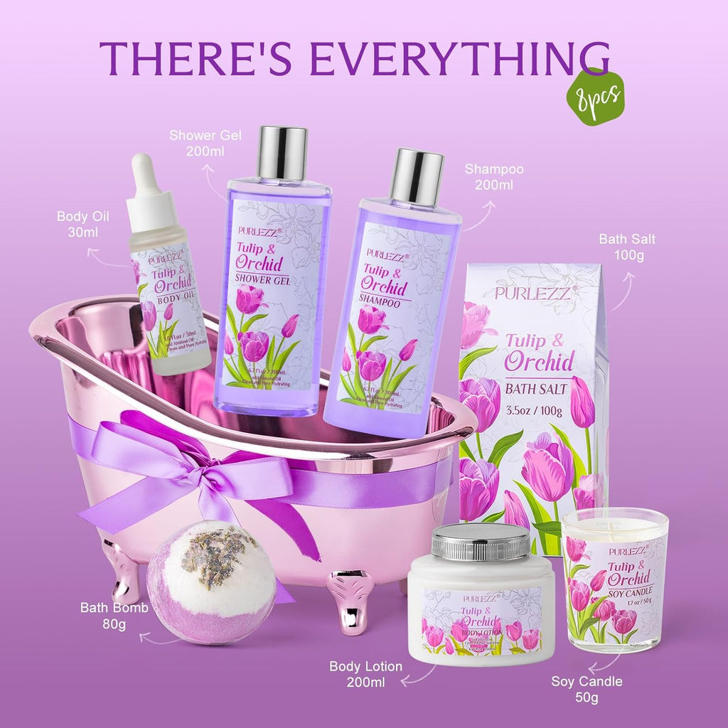 Tulip Orchid Spa Gifts Bath Kit, 8Pcs Moisturizing Bath Gift Set for Women | Bath Sets Gift Baskets for Women Gift, Bath and Body Set for Her, Self-Care Kit, Spa Gifts for Women, Birthday, Mother'S Day