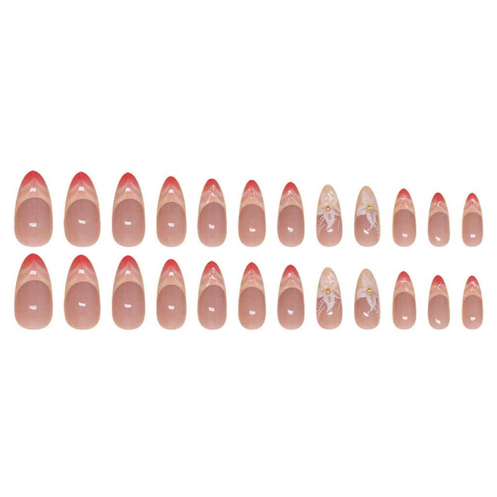 French Tip Press on Nails Almond - Press on Nails Medium, Acrylic Fake Nails Nude 3D Flower Design Nails Clear False Nail Tips-24Pcs
