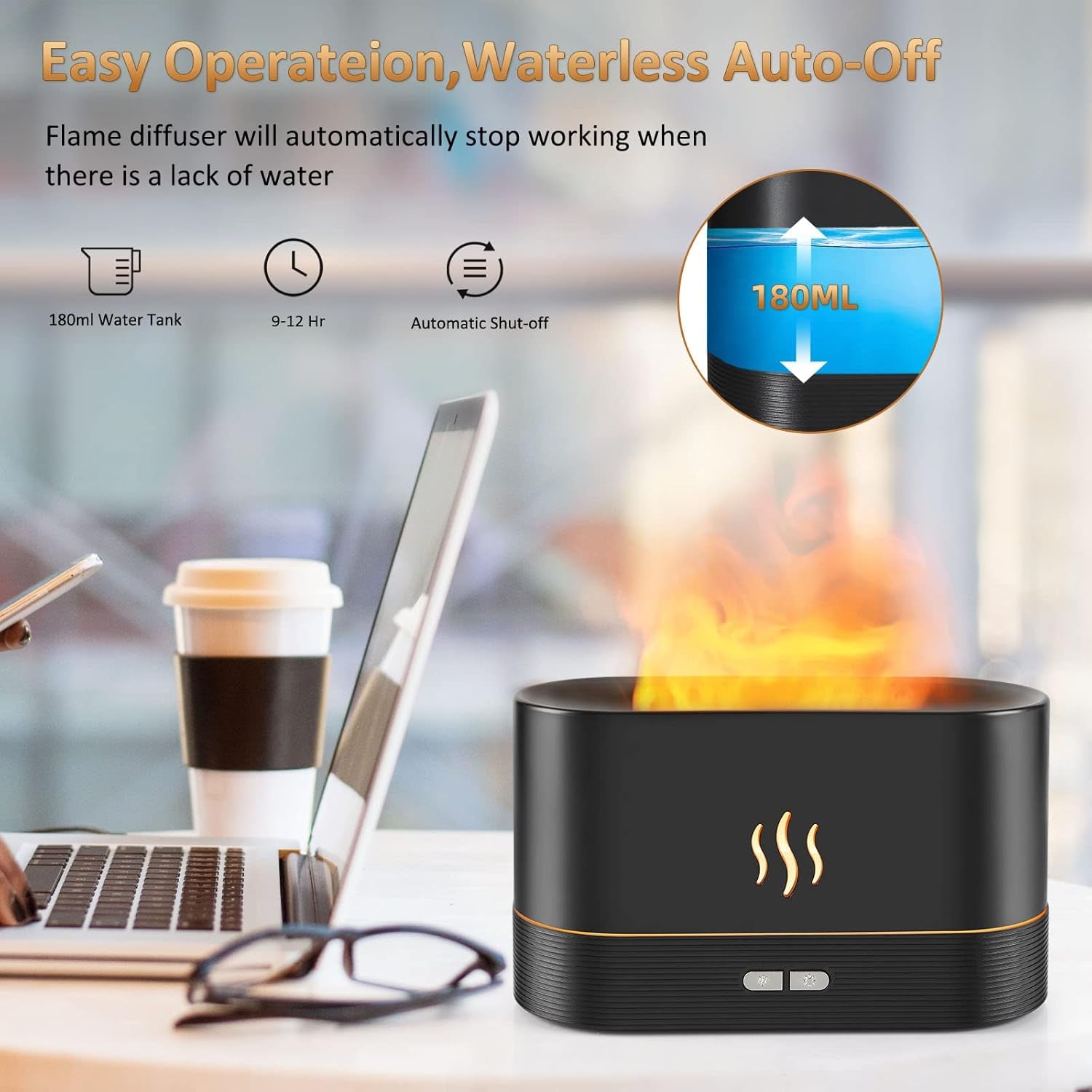 Flame Diffuser Humidifier-Auto off 180Ml Essential Oil Diffuser-2 Modes Brightness Aroma Humidifier with Fire Flame Effect for Home,Office,Spa,Gym(White)…