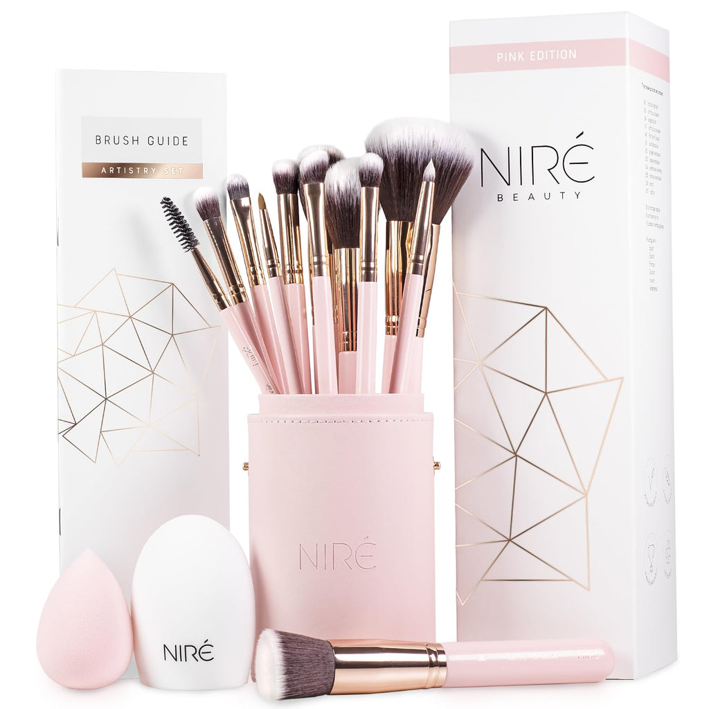 Beauty Cute Makeup Brush Set for Teen Girls, 15 Piece, Pink | Pink, Cute, for Tweens and Women, Vanity, Vegan Bristles, Holder Case, Sponge, Cleaner, Guide