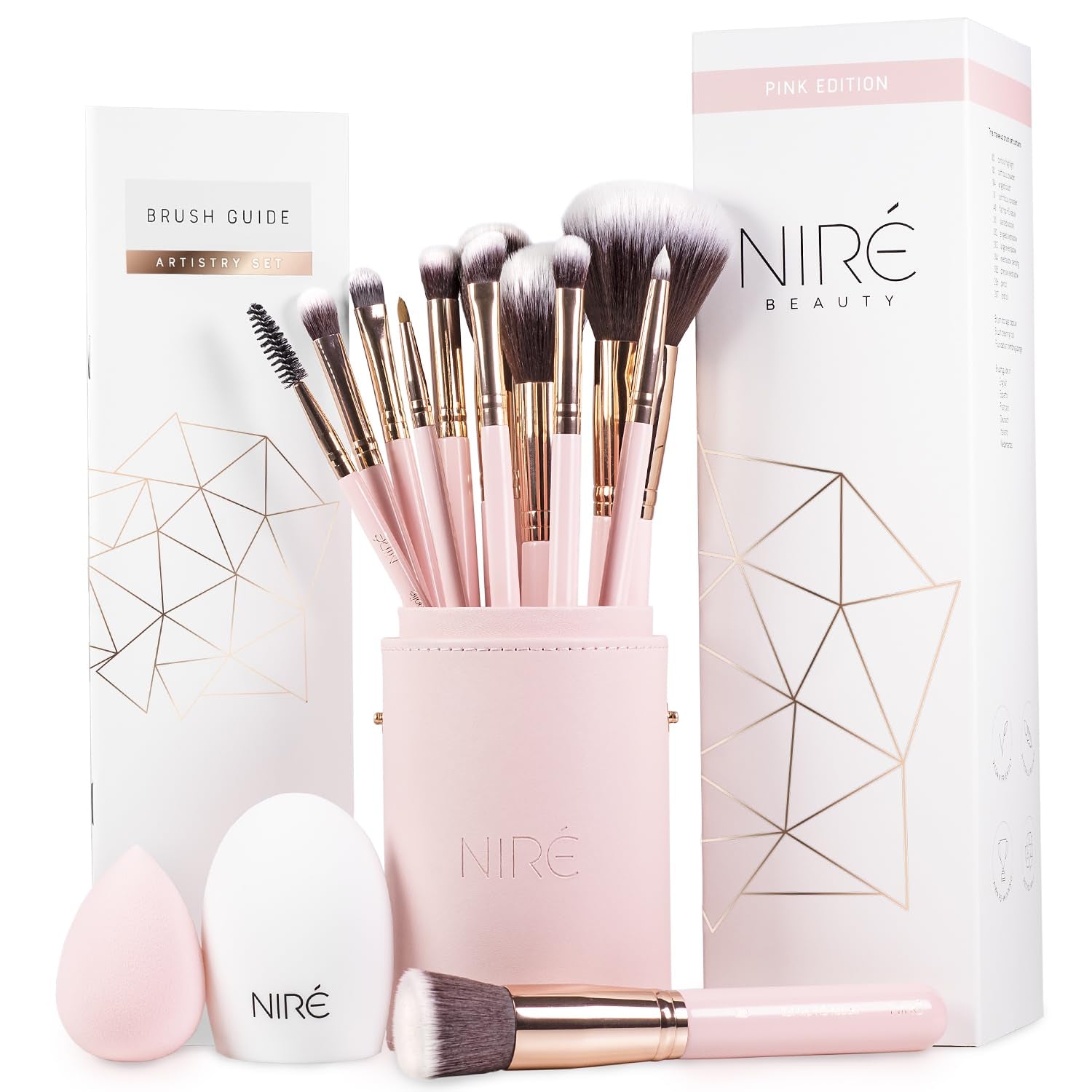 Beauty Cute Makeup Brush Set for Teen Girls, 15 Piece, Pink | Pink, Cute, for Tweens and Women, Vanity, Vegan Bristles, Holder Case, Sponge, Cleaner, Guide