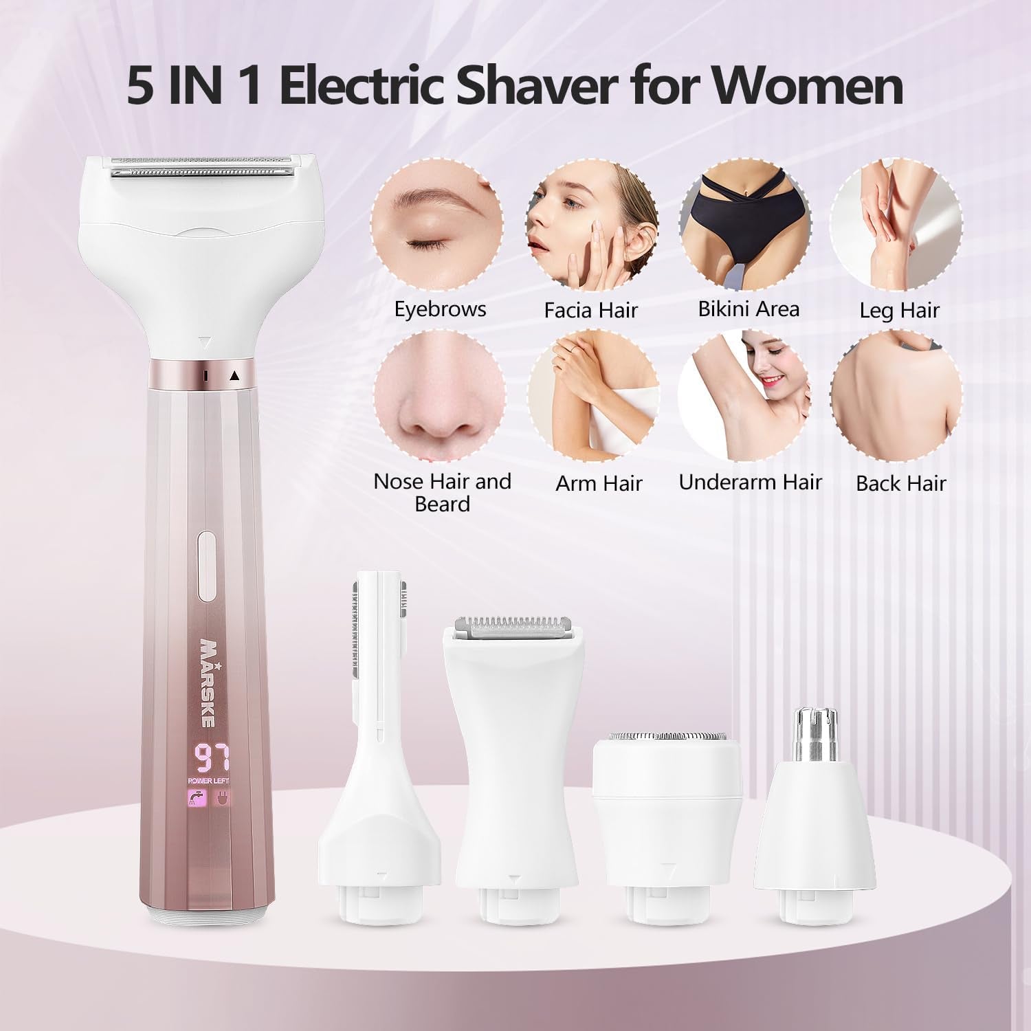 Electric Razor for Women, Bikini Trimmer 5 in 1 Electric Shavers Razors IPX6 Waterproof Wet/Dry Body Shaver for Face Nose Eyebrow Arms Armpit Legs Pubic Area Painless Replaceable Facial Hair Removal