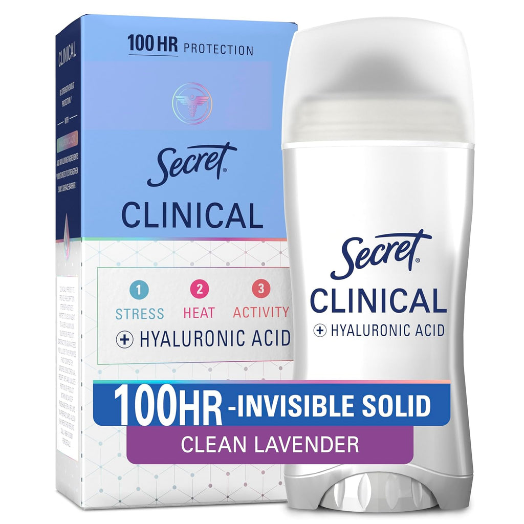 Clinical Strength 100HR Sweat & Odor, Invisible Solid Antiperspirant Deodorant for Women, 3X Stress Protection with Hyaluronic Acid, PH Balanced, Clean Lavender Scent, 2.6 Oz
