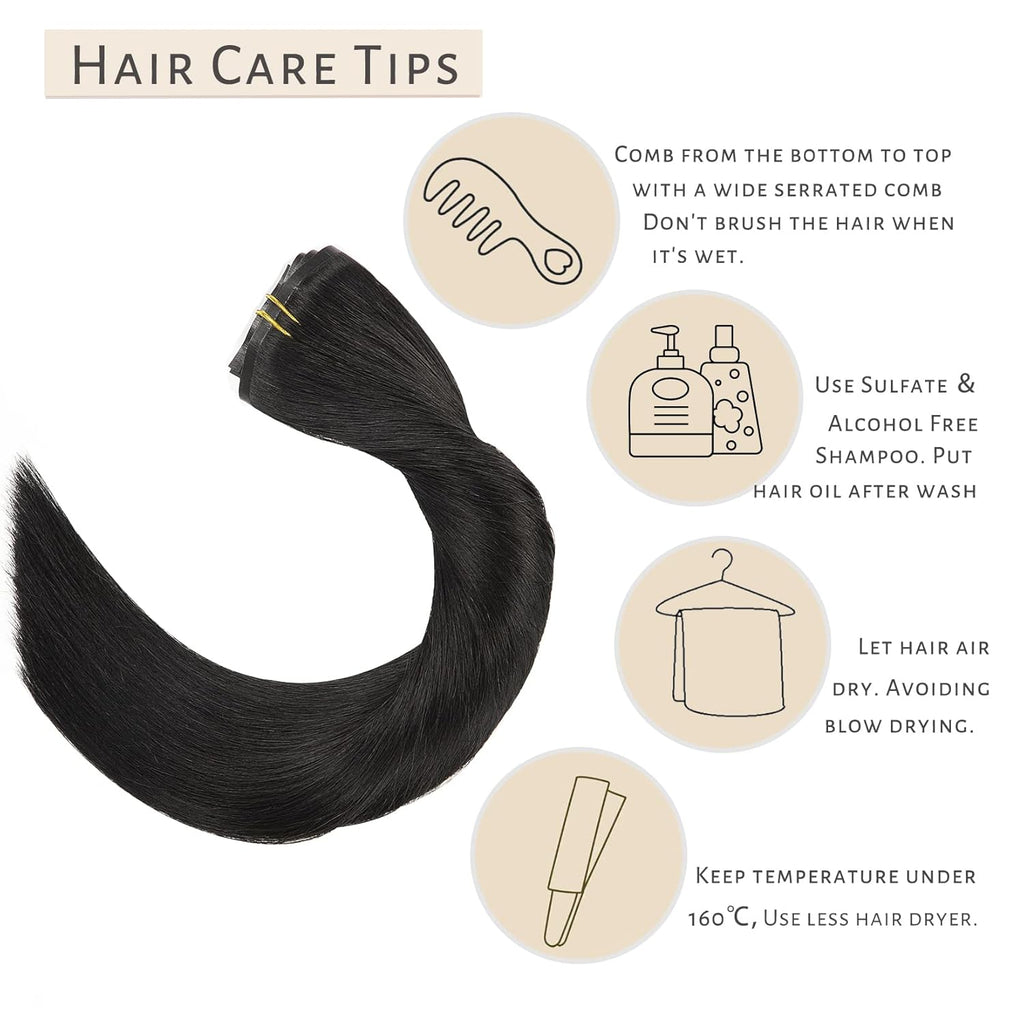 Clip in Hair Extensions Real Human Hair 14Inch Invisible Seamless Clip in Human Hair Extensions PU Skin Weft Color 1 Jet Black Human Hair Clip Ins for Women Silky Straight 7PCS 110G