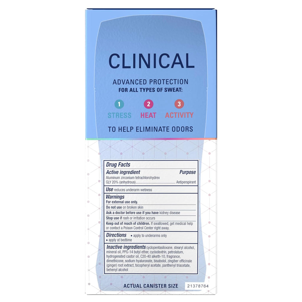 Clinical Strength 100HR Sweat & Odor, Invisible Solid Antiperspirant Deodorant for Women, 3X Stress Protection with Hyaluronic Acid, PH Balanced, Clean Lavender Scent, 2.6 Oz