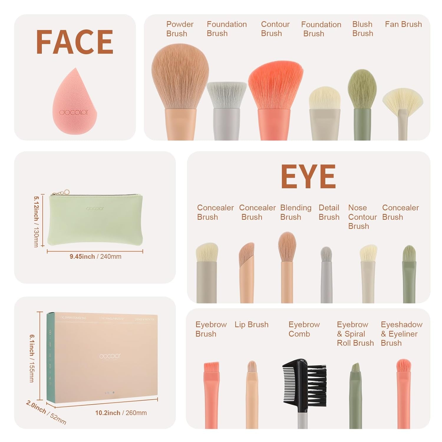 Makeup Brushes 17+2 Pcs with Makeup Bag and Makeup Sponge and Brush Protector Morandi Makeup Brush Set Premium Synthetic Hair Makeup Brush Wooden Handle Gift Box