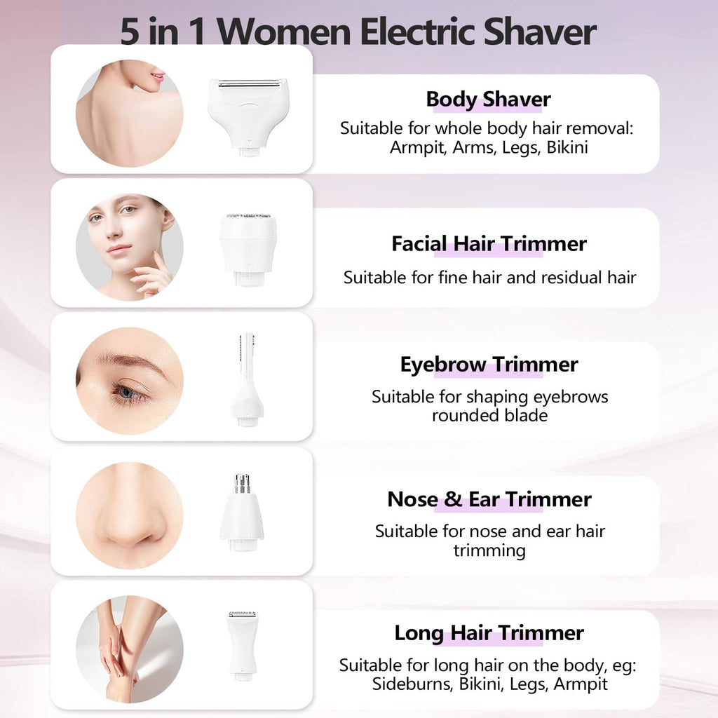 Electric Razor for Women, Bikini Trimmer 5 in 1 Electric Shavers Razors IPX6 Waterproof Wet/Dry Body Shaver for Face Nose Eyebrow Arms Armpit Legs Pubic Area Painless Replaceable Facial Hair Removal