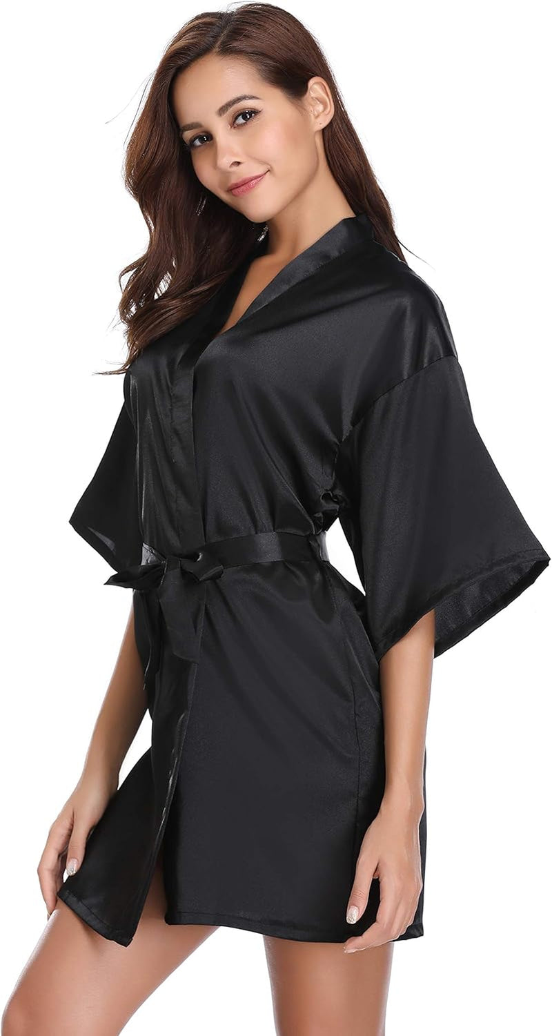 Women'S Satin Robe Short Kimono Bathrobes for Bride & Bridesmaid Wedding Party Robes with Gold Glitter or Rhinestones