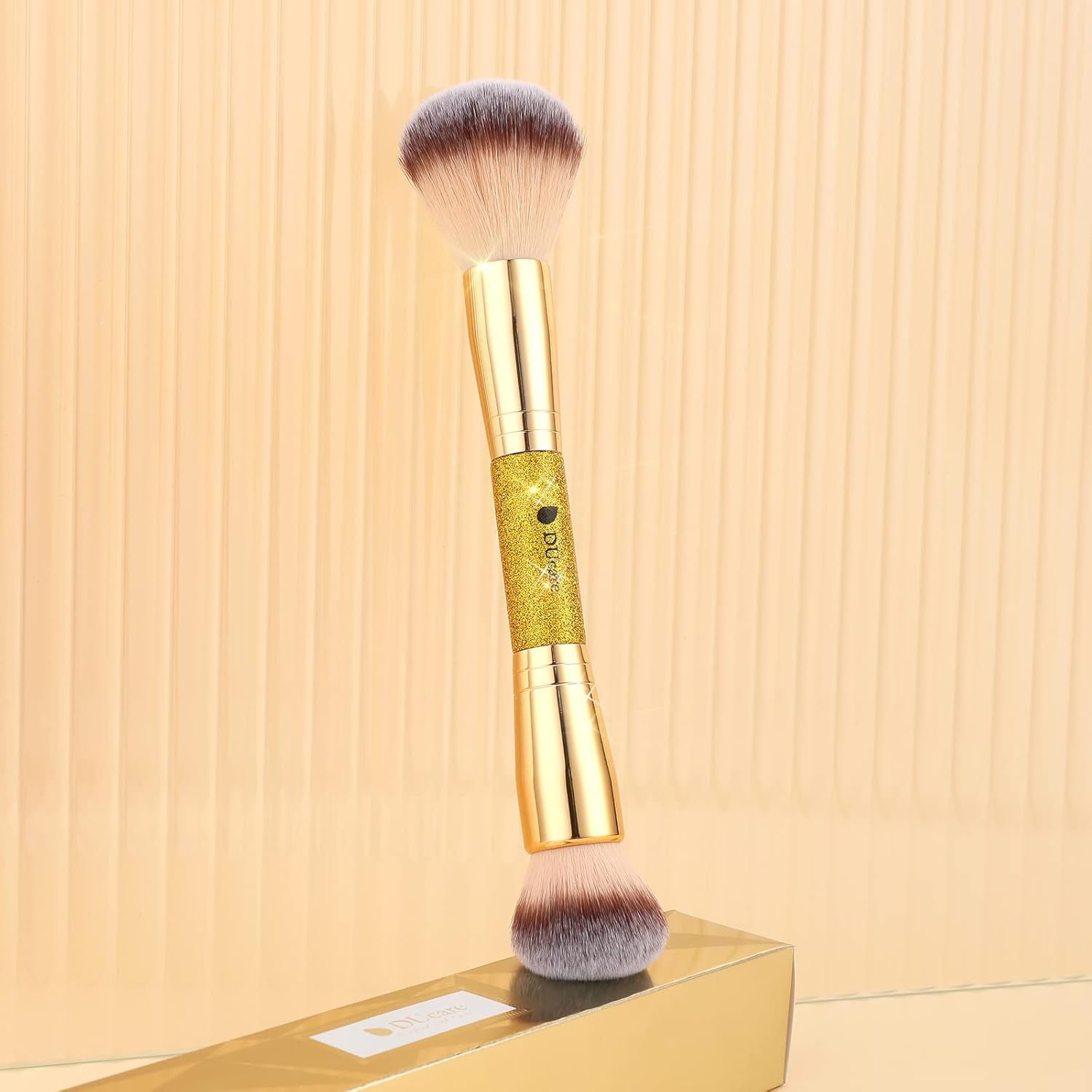 Dual End Powder Kabuki Makeup Brush Gold Glitter Vegan Synthetic for Liquid Cream Setting Powder