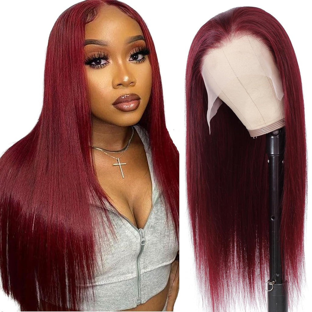 99J Human Hair Wig 32 Inch Straight 13X6.5 Burgundy Colored Lace Front Wigs 100% Human Hair HD 250% Density Glueless Wigs Burgundy Human Hair Wig Pre Plucked with Baby Hair